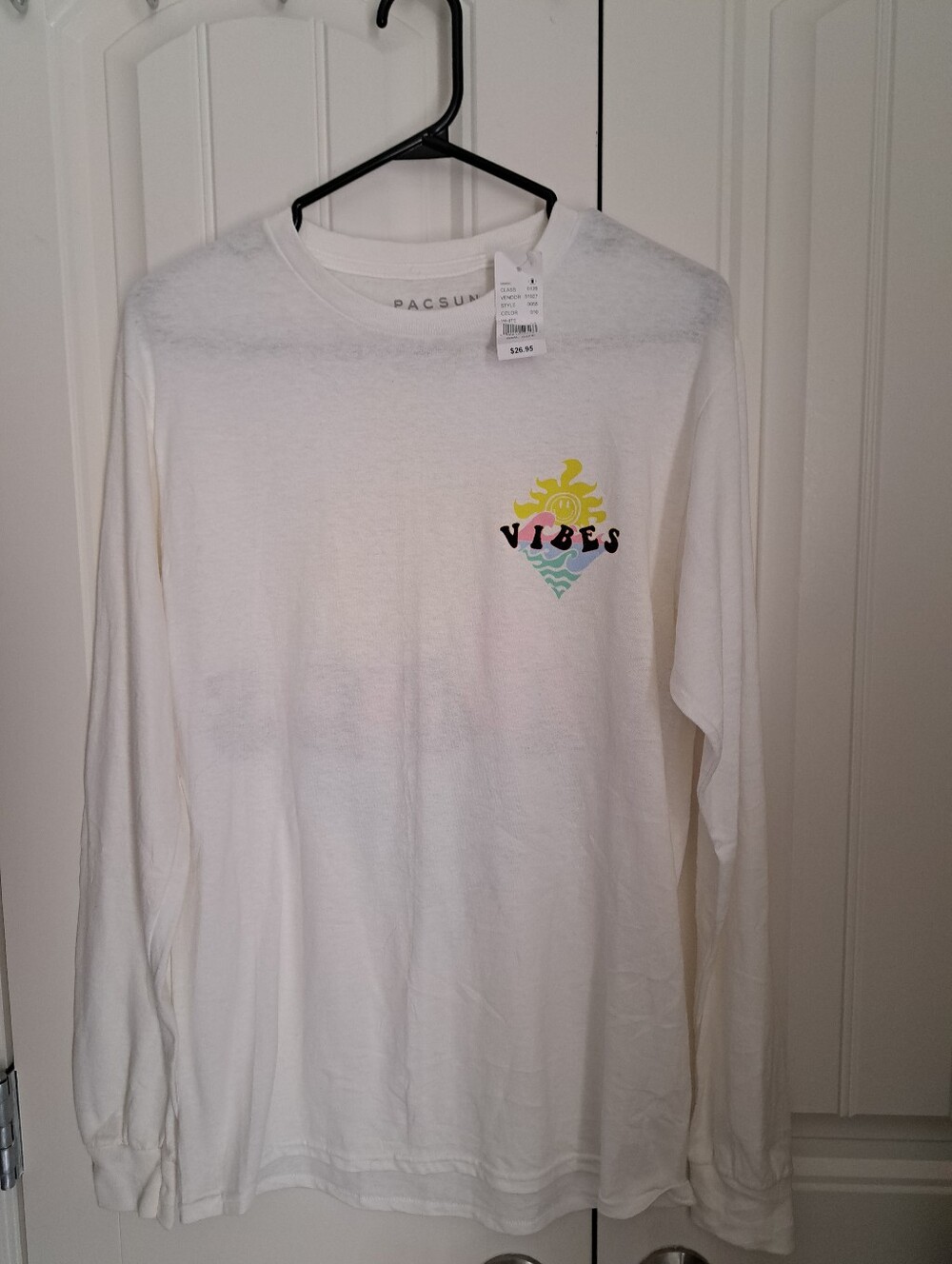 PacSun White Long-Sleeve 'VIBES' Graphic Tee Beachy Sun & Waves Casual Top Men S